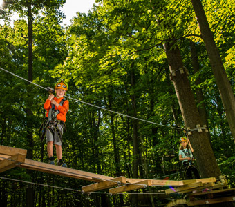 Two kids exploring the tree tops at Lake Erie Canopy Tours